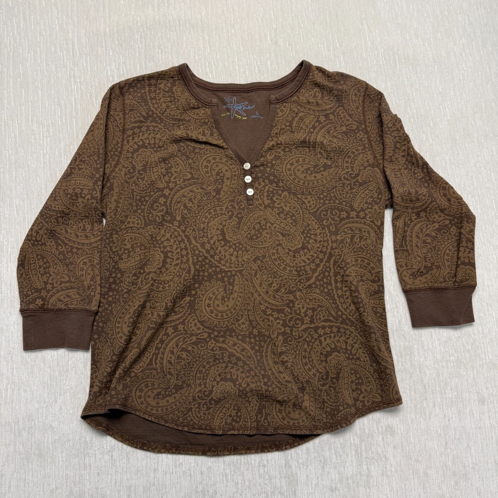 Fresh Produce Henley Shirt Womens Large Brown Paisley Print Knit Cotton Preppy